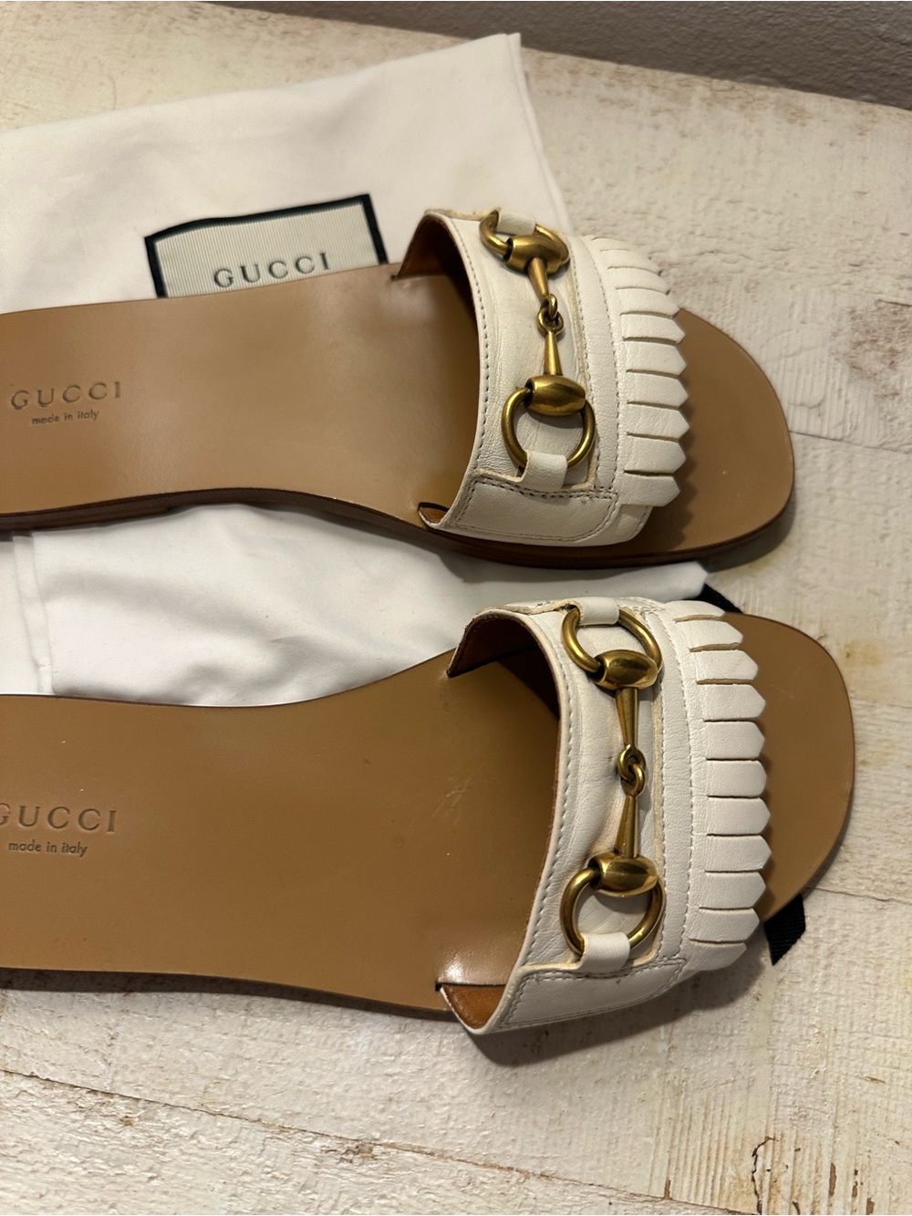 Gucci Cream Leather Horsebit Fringe flat sandals size 7.5 - Picture 5 of 11